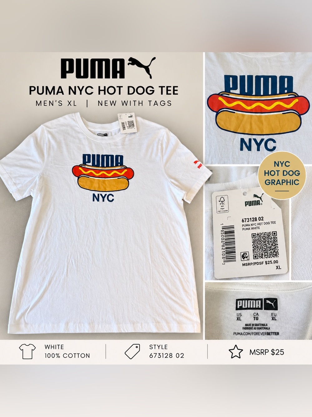 Puma White Tee with Red & Yellow Hot Dog Graphic